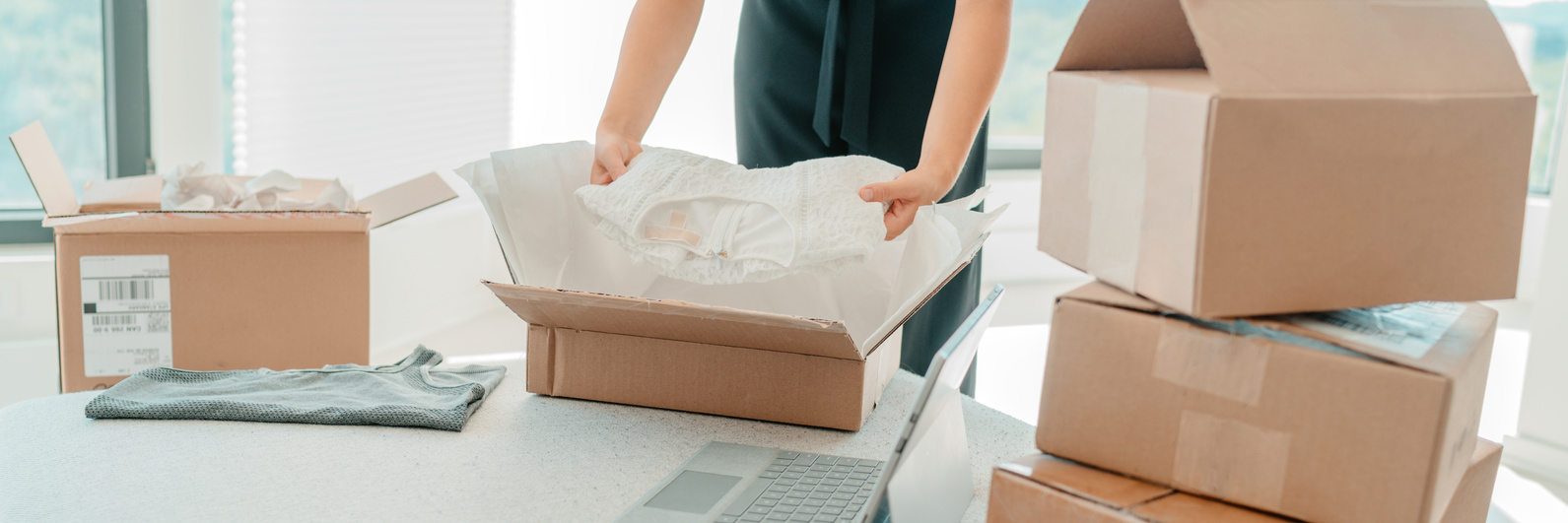 Packing Clothing in Mailing Box for Home Shipping Panoramic. Woman Selling Clothes Online E-Commerce Business Banner